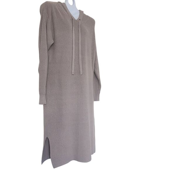 The Drop Rib Knit Midi Sweater Dress-Hooded-M-Taupe-Slit-Quiet Luxury-Scandi-NWT - Picture 2 of 13